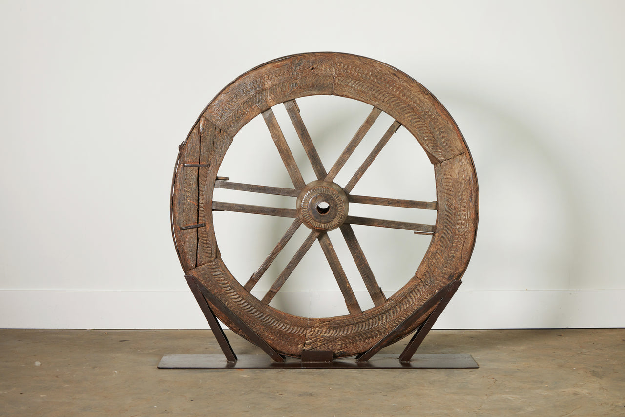 Vintage Ox Cart Wheel on Stand