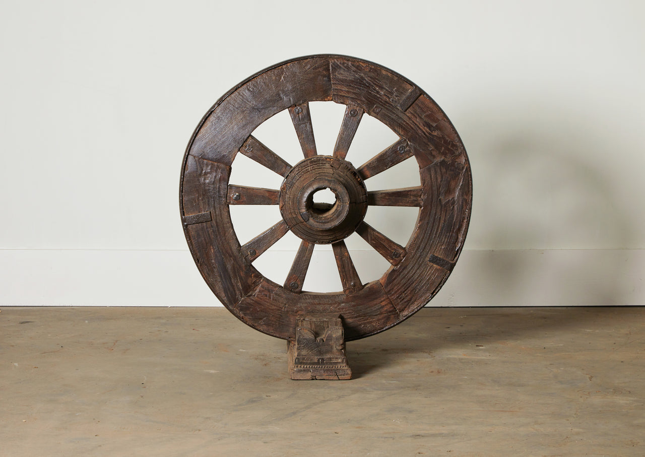 Vintage Ox Cart Wheel on Stand