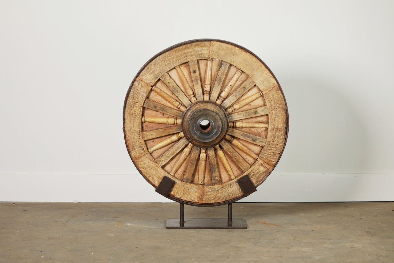 Vintage Ox Cart Wheel on Stand