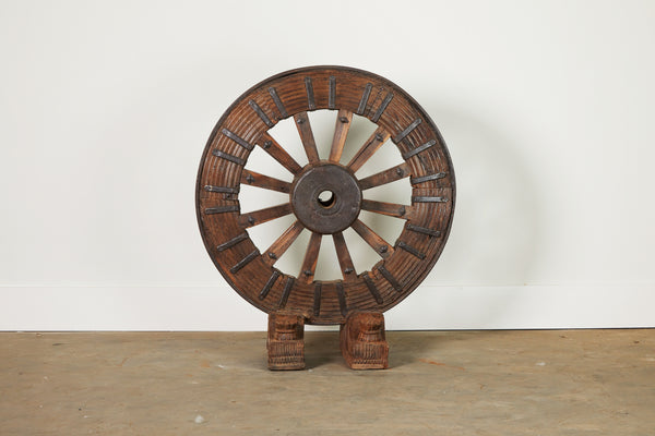 Vintage Ox Cart Wheel on Stand