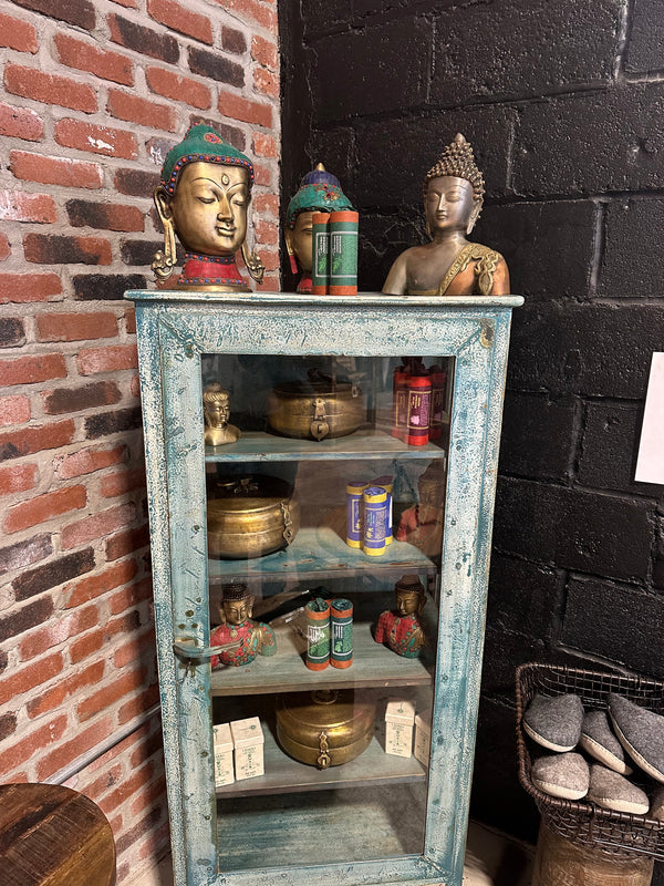 Blue Distressed Iron Display Cabinet